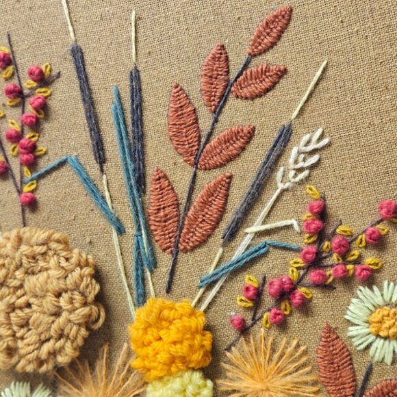 Vintage 60s/70s Crewel Handmade Fall Floral Basket with Cattails Framed MCM Art - Picture 4 of 11